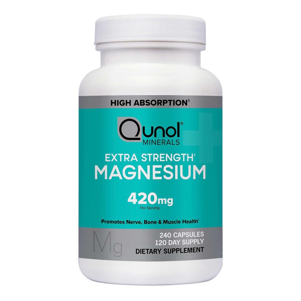 Qunol Magnesium Extra Strength 420mg, Vegetarian &amp; Gluten Gratis, 240 cápsulas