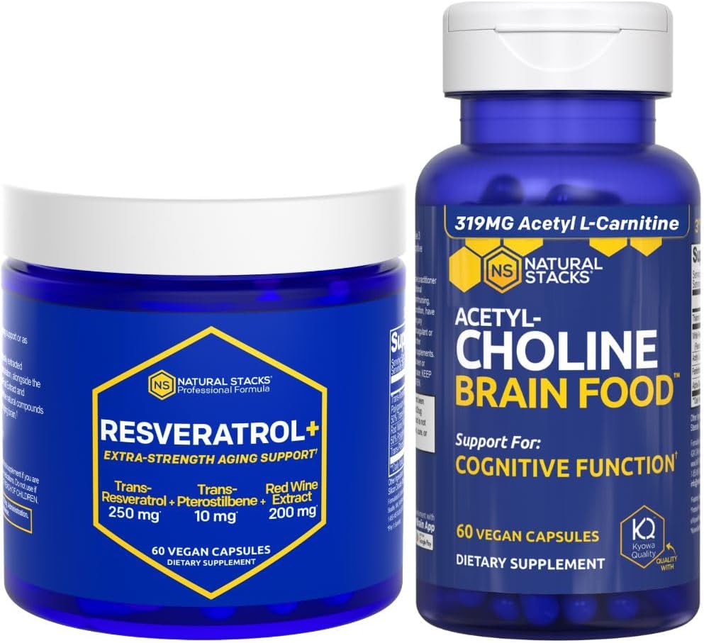 NATURAL STACKS Acetylcholine Brain Food + Resveratrol Supplement Bundle - Supports Cognitive Function & Brain Aging* - 120 Total Capsules