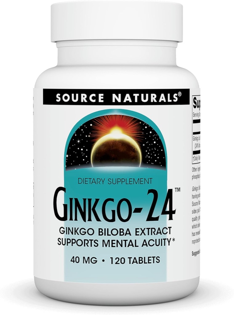 Fuente Naturales Ginkgo-24 - Ginkgo Biloba Extract Apoya la Acuidad Mental* - 40 mg, 120 Tabletas