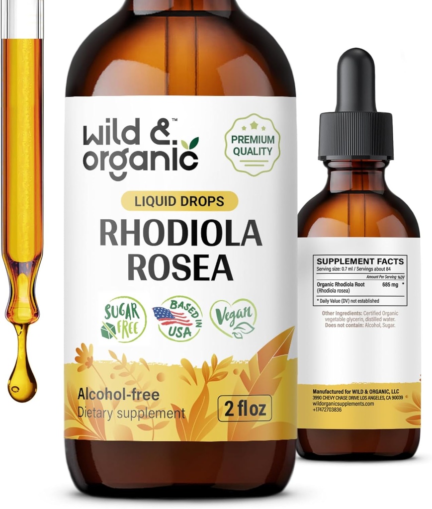 Wild " Organic Rhodiola Rosea Tincture - Mood Support - Relaxing Rhodiola Supplement - Root Extract Liquid Drops - Vegan, Sugar " Alcohol-Free - 2 fl oz