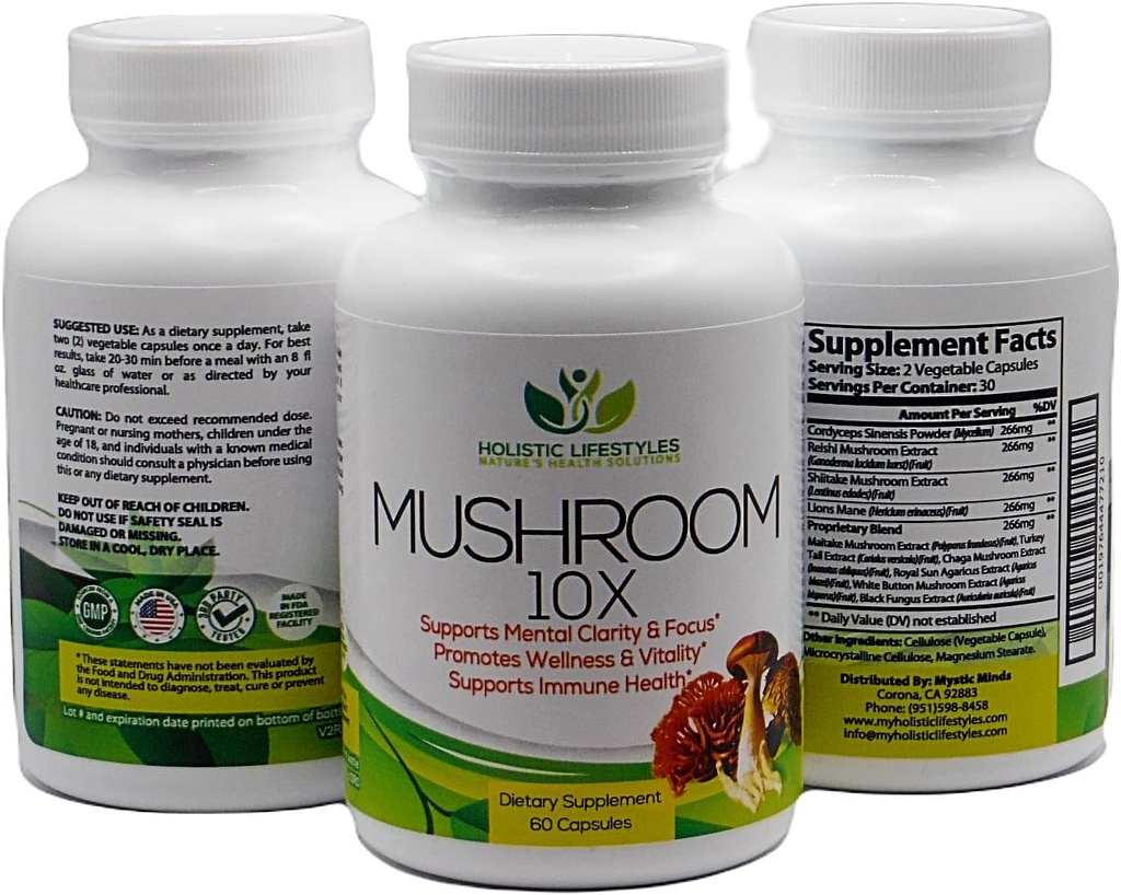 Mushroom 10X Mushroom Complex 10-in-1 Suplemento 1330 mg 60 cápsulas w/Lions Mane Supports Focus " Mental Clarity,Vitality, Mood Enhancement " Immune Support