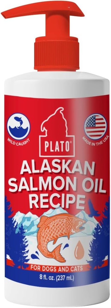 PLATO Wild Alaskan Salmon Oil Kibble Topper - Boost Dog Food with Omega 3 &amp; 6 Fatty Acids - For Healthy Skin & Coat - 8 onzas