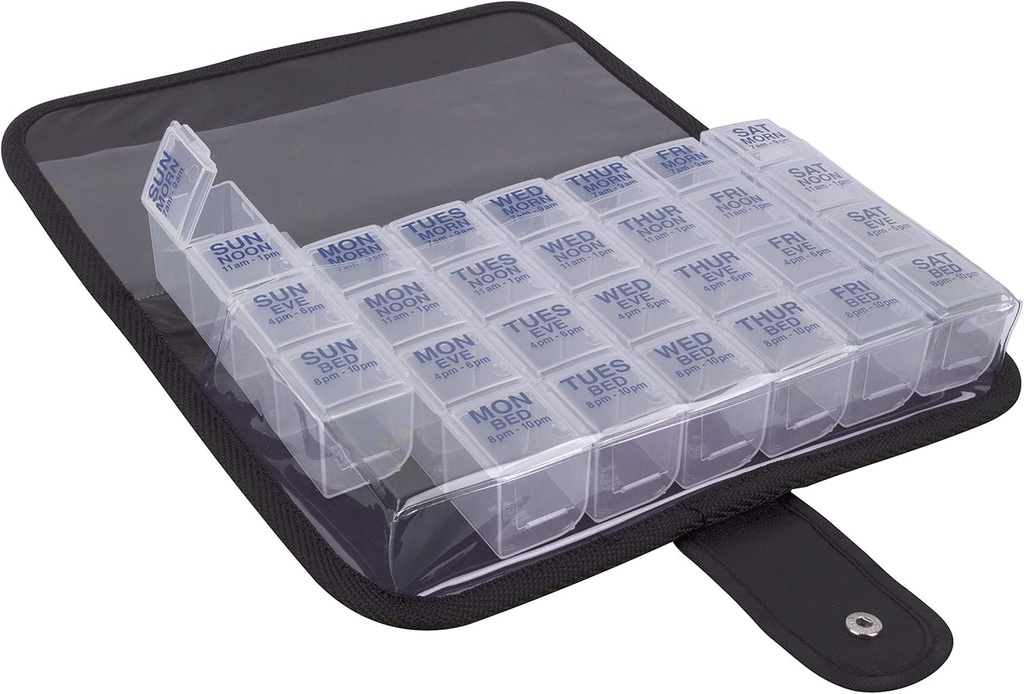 EZY DOSE Funda para la pila de un día a día, Planificador de medicina, Caja de organizador de vitaminas, Incluye gran caja de carga, Viaje amigable, fácil de usar, claro, BPA Gratis