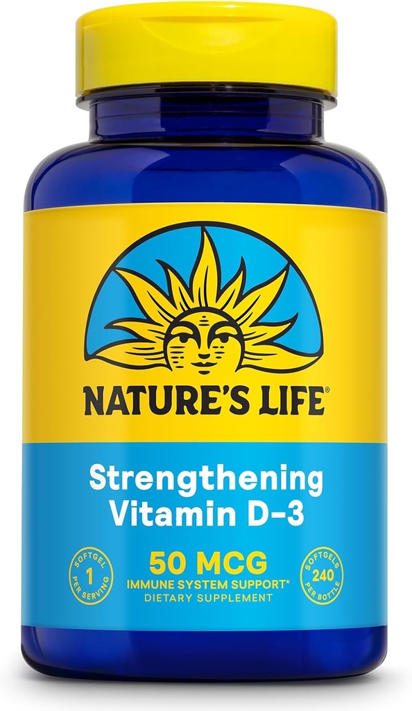 Fortalecer la vida de la naturaleza Vitamina D3 2000 UI (50 mcg) - Vitamina D - Sanidad de los huesos y suplemento de apoyo inmunitario - Softgeles fáciles de cambiar - Garantía de 60 días, Laboratorio Verificado - 240 Servimientos, 240ct