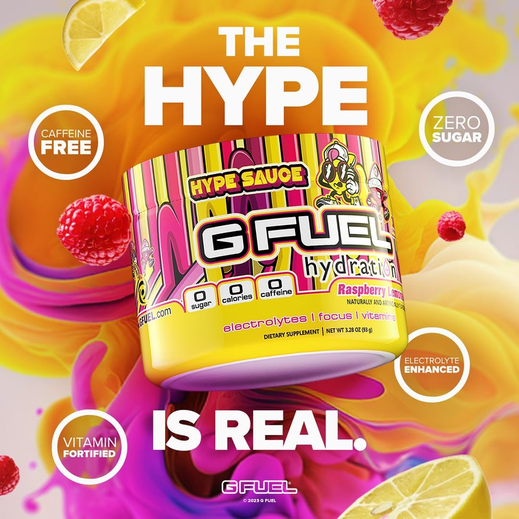 G Fuel Hype Sauce Supreme Hydration, Electrolyte Powder Mix for Energy & Focus, Sugar y Caffeine Suplemento gratuito con Vitaminas y Minerales Esenciales, Raspberry Lemonade Flavor, 3.3 oz - 30 Servings
