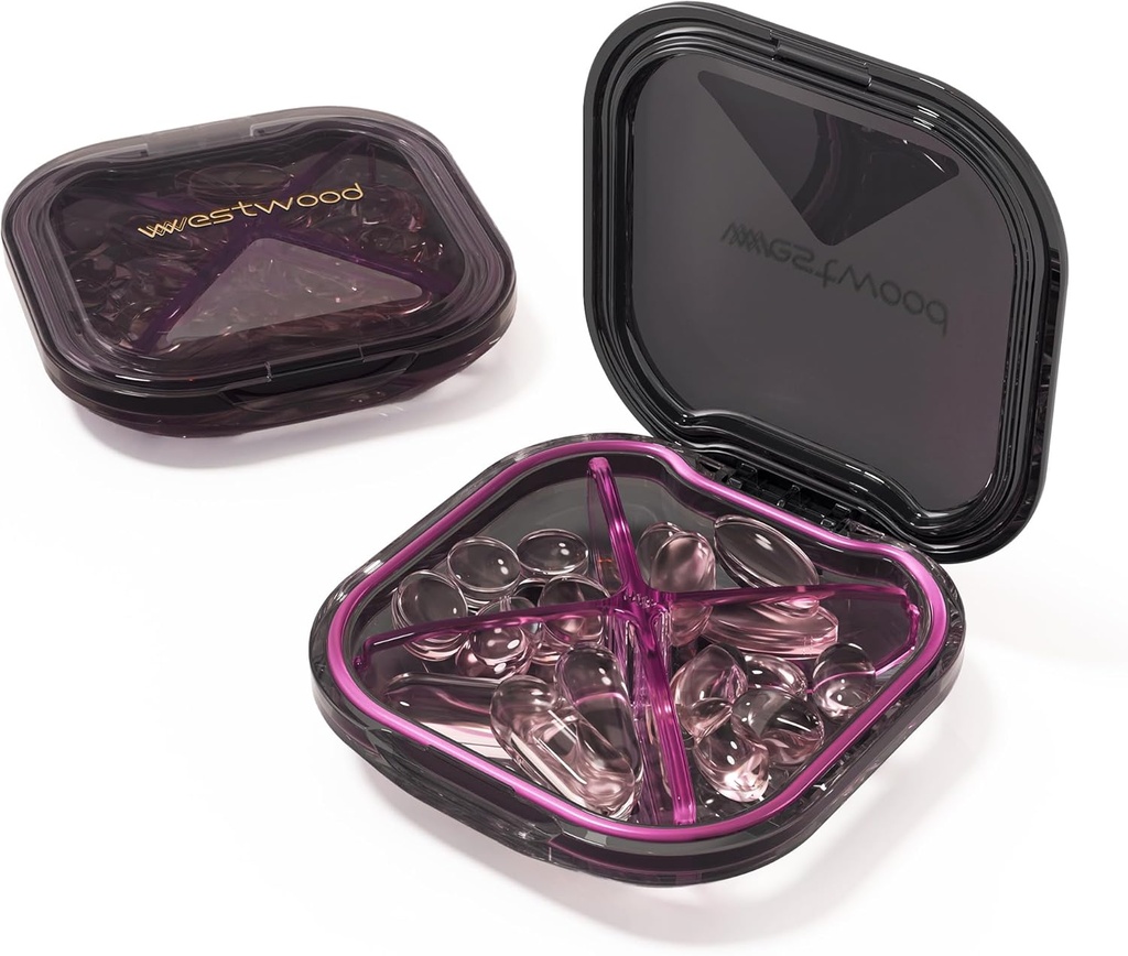 1 Pack Pequeño Organizador de Píldora Púrpura, 4 Compartimientos, Compact Stylish Cute Travel Caja de Píldora de Píldoras de Medicina diaria, Portable y Moistureproof para almacenar vitaminas, medicamentos y suplementos