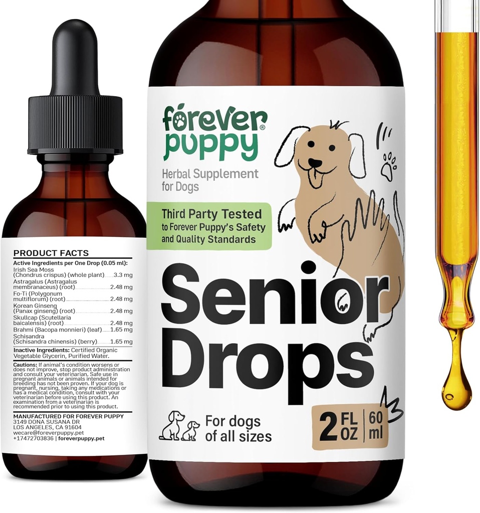 Forever Puppy Senior Dogs Drops - Immune &amp; Brain Support Complex for Elderly Dogs of All Breeds & Sizes - Vitamins and Supplements for Older Pets - Food Supplements - 2 oz