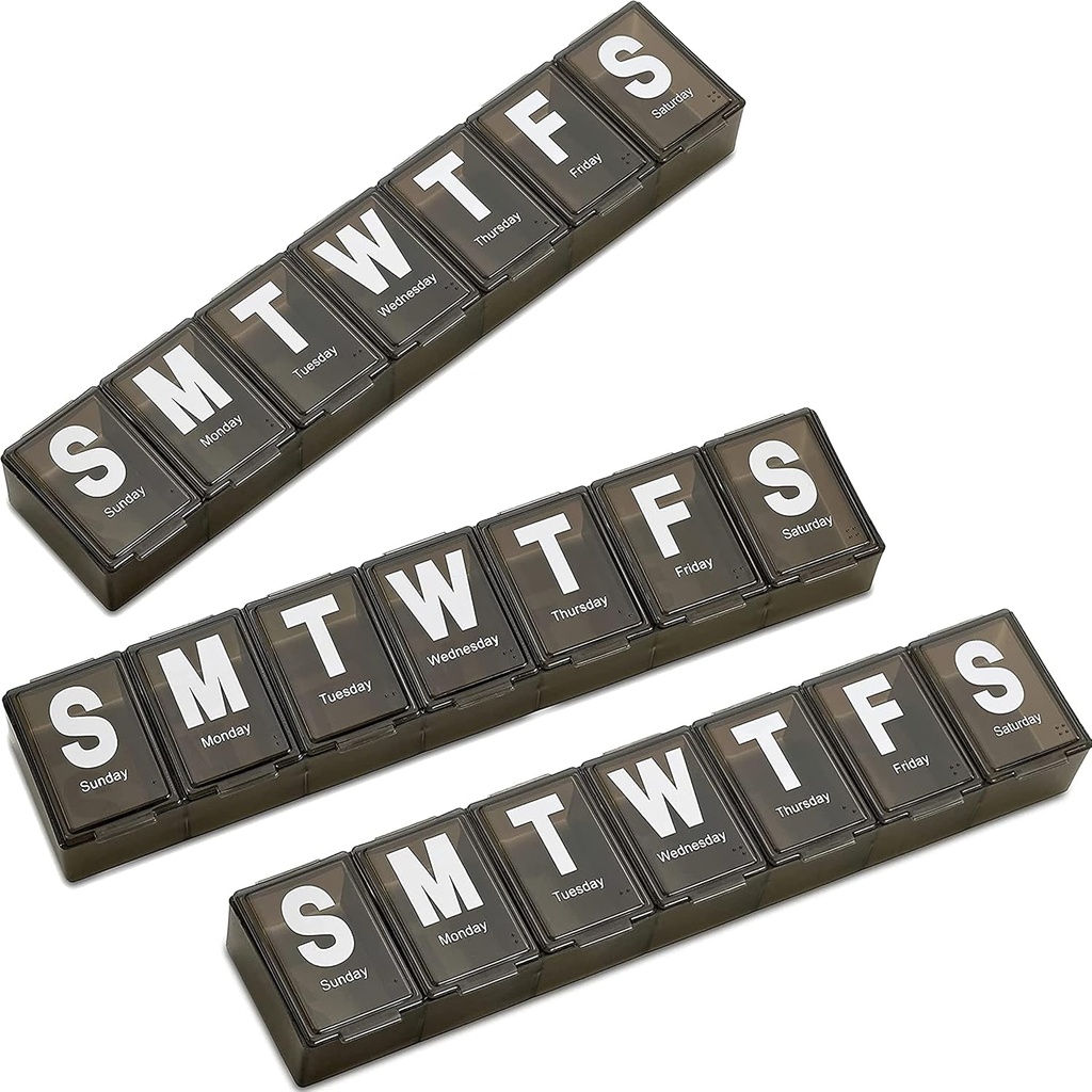 Organizador semanal de píldoras - (Pack of 3) Contenedor de vitaminas extra grande con Jumbo Fácil de leer Cartas, BPA Gratis - Daily Travel 7 Day Medication Pill Box Case, (Black)