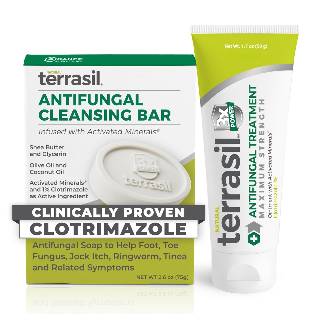 Terrasil Antifungal Cream + Antifungal Soap 2-Product Kit Clínicamente-Proven Clotrimazole Tratamiento eficaz &amp; Alivio: Jock Itch Athletes Foot Fungal Yeast Infection Ringworm (50g Tube & 75g bar)