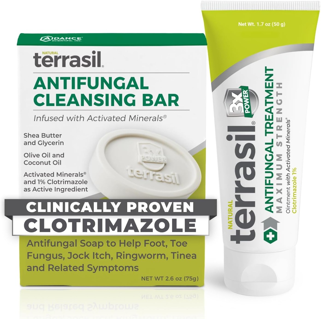 Terrasil Antifungal Cream + Antifungal Soap 2-Product Kit Clínicamente-Proven Clotrimazole Tratamiento eficaz &amp; Alivio: Jock Itch Athletes Foot Fungal Yeast Infection Ringworm (50g Tube & 75g bar)