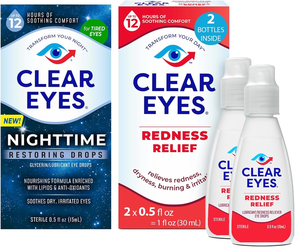 Bundle of Clear Eyes Nighttime Restoring Eyes Drops, Nighttime Relief Dry Eye Drops, 0.5 Fl Oz + Clear Eyes Redness Relief Eye Drops, 0.5 oz, Dual Pack