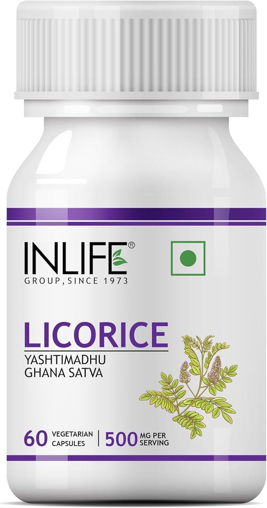INLIFE Licorice Root Extract (Yasthimadhu) Estándarizado a ±20% Glycyrrhizinic Acid Suplemento, 500 mg - 60 cápsulas vegetarianas