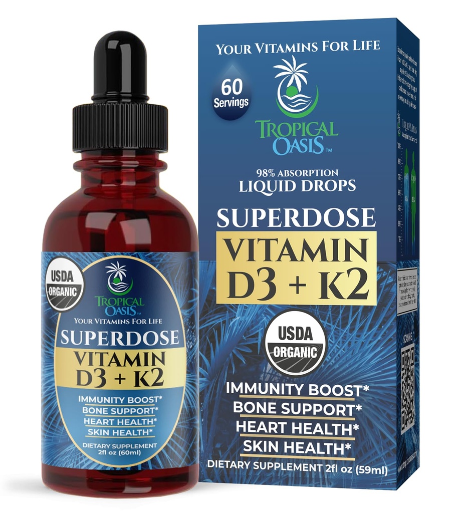 USDA Organic Liquid Vitamin D3 K2 Drops for Adults ← Superdose 8000IU Pura Vitamina D3  60 Serv ← Vitamina D K2 Supplement for Immune Support & Bone Health ← 98% Absorption  Vegan, Non-GMO Silencio 2 Fl Oz