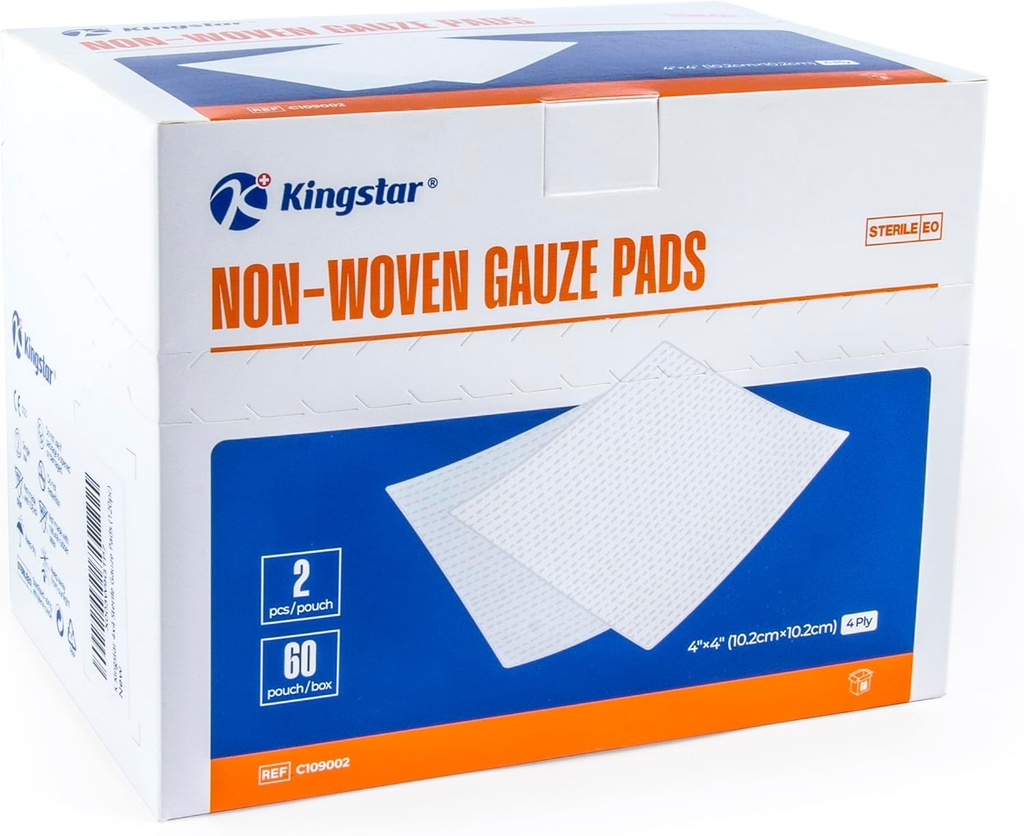 Kingstar Sterile Pads de Gauze no tejidos, 4"x 4" Wound Dressing, 60 Packs - 120 Pieces Superior Soft Sponge Pads, Compresas de Gauze Absorbent Superior para Trauma o Cuidado de Wound Post-Operative
