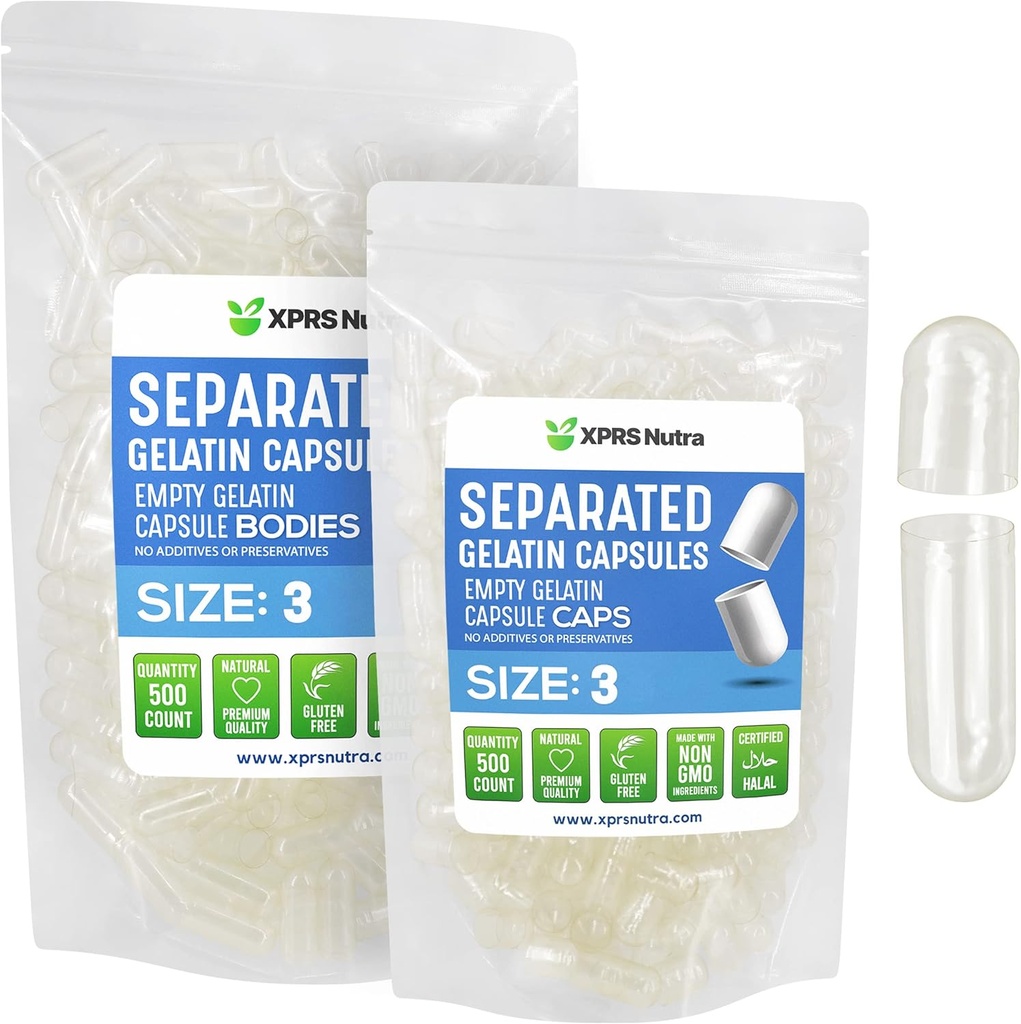 XPRS Nutra Gelatin Tamaño 3 cápsulas separadas - 500 conteo transparentes cápsulas vacías separadas en bolsas - Tamaño 3 píldoras gelatina Cápsulas de gel ajustables para relleno de suplemento de Do-It-youself