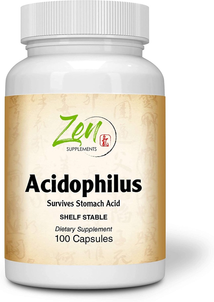 Suplementos Zen - Acidophilus 500 Million CFU y 4 Strains, Shelf Stable 100-Caps - apoya la mitigación del gas ocasional y el estreñimiento más síntomas de la intolerancia a la lactosa