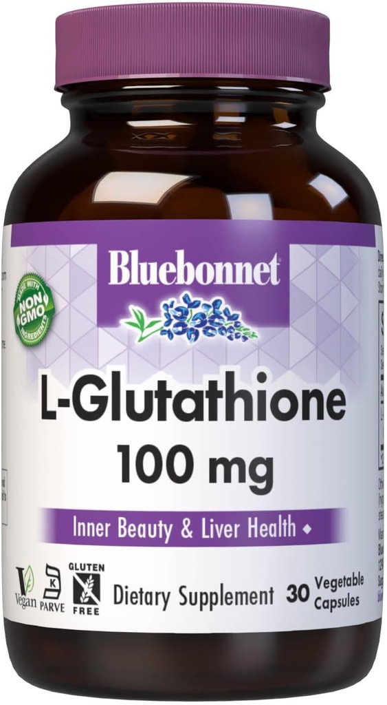 Bluebonnet Nutrition L-Glutathione 100mg, Free-Form Amino Acid, for Free Radical Protection, Soy-Free, Gluten-Free, Non-GMO, Kosher Certified, Vegan, 30 cápsulas vegetales, 30 prestaciones