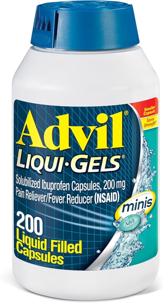 Advil Liqui-Gels minis Pain Reliever and Fever Reducer, Pain Medicine for Adults with Ibuprofen 200mg for Pain Relief - 200 Liquid Filled Capsules