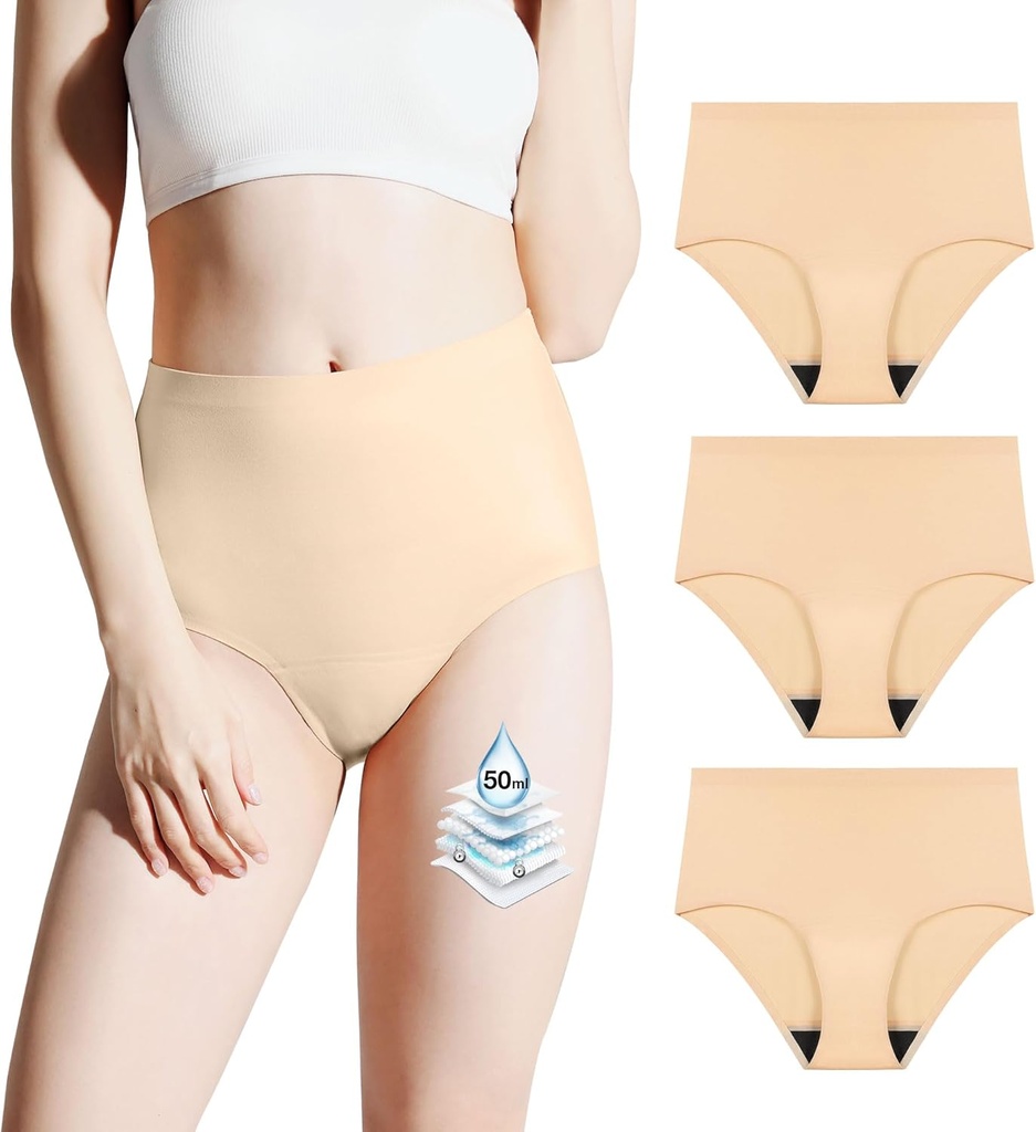 Ropa interior de incontinencia BATTEWA para mujeres lavable, Leak Proof Underwear Alta Absorbencia, Leak Leak ropa interior Folletos protectores, Panties sin costura 50ml, Beige, Medium(3 Pack