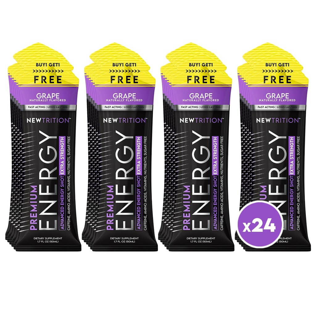 NewTrition® Extra Strength Energy Shots, 250mg Caffeine Energy Shots with Vitamin B &amp; Amino Acids, Sugar-Free Vitamin Energy Shot, 1.7 fl oz (Pack of 24, Grape)