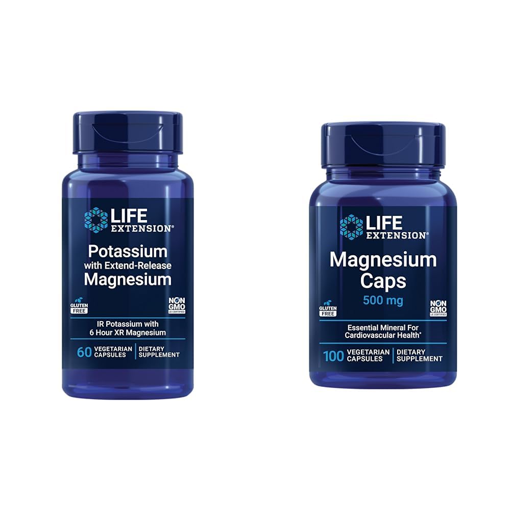Extensión de la vida Potasio &amp; Magnesium Heart Health Supplement Bundle - 60 &amp; 100 Capsules