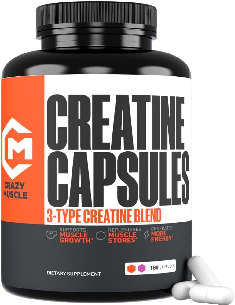 Cápsulas de crema, 5g Premium 3X ThreeAtine Pre Workout Bulk Muscle Mass Gainer, alta absorción fácil de tomar píldoras de monohidrato de crema potencia óptima alternativa para hombres mujeres, 180 cápsulas