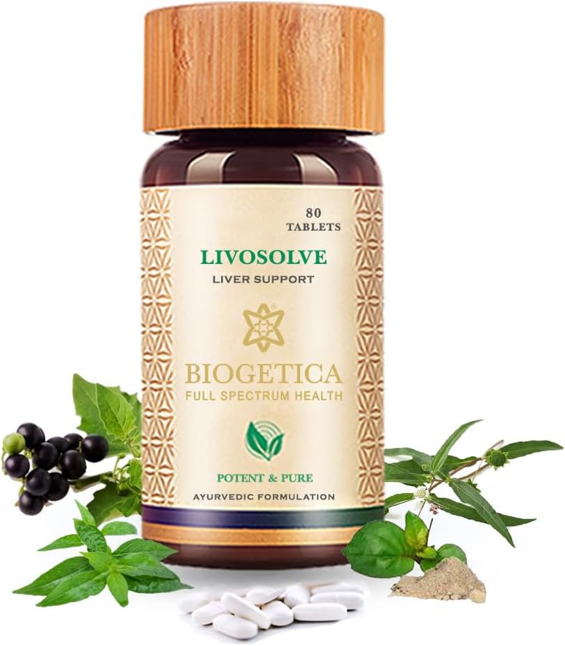 Biogetica Livosolve Suplemento herbal para el cuidado del hígado - Soporte total del hígado, limpieza &amp; detox, protege las células " Enzymes - 100% Vegan No GMO - 80 Tablets