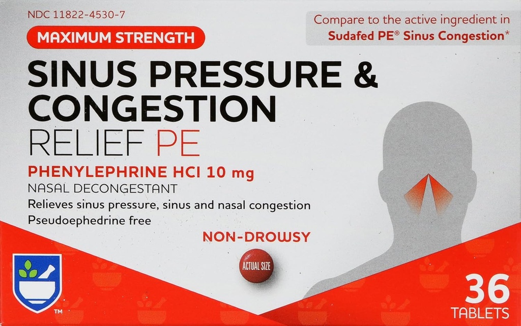 Rite Aid Sinus Pressure and Congestion Non-Drowsy Relief PE, 10mg - 36 Tablets Nasal Decongestant ← Sinus Relief ← Allergy Medication Non Drowsy tóxico Allergy Relief Silencio Sinus Pressure Relief
