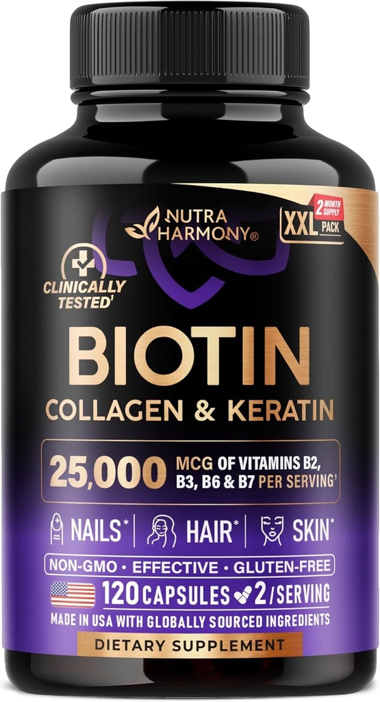Biotina ¦ Collagen ← Ácido Hialurónico Silencioso Keratin - Suplemento Clínicamente Testado - Apoyo al Crecimiento del Pelo, Esquín &amp; uñas - 25000 mcg Vitaminas B2, B3, B6 &amp; B7 + B1 - Hecho en EE.UU. - Mujeres &amp; Hombres