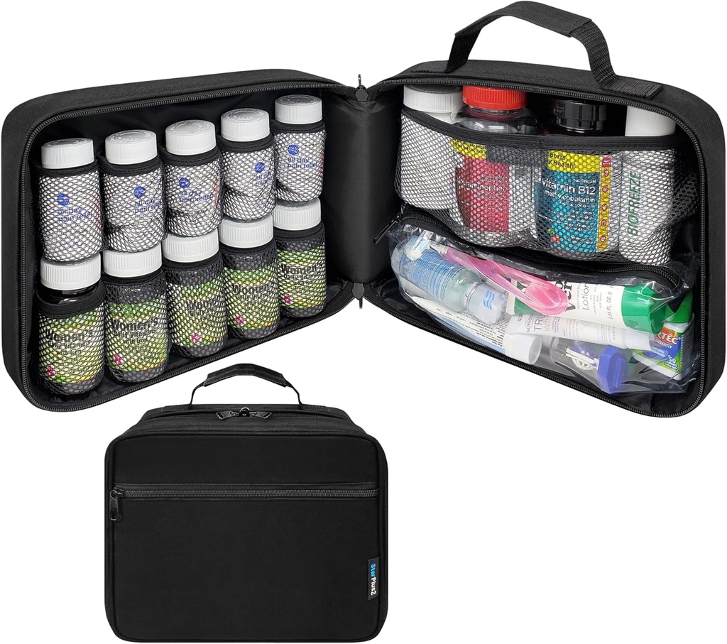 Gran organizador de botellas acolchadas, bolsa de medicina, caso, portador de medicamentos, vitaminas y suministros médicos - Organizador de medicina de viaje y bolsa de memoria de almacenamiento casera - Negro (sin bloqueo)