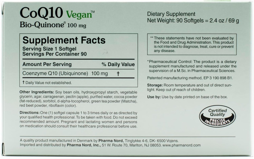 CoQ10 Vegan Bio-Quinone 100 mg, 180 Softgels | Premium Plant-Based Coenzyme Q10 Supplement with Non-GMO Ingredients for Optimal Health | High Absorption Formula for Heart Health and Energy Production