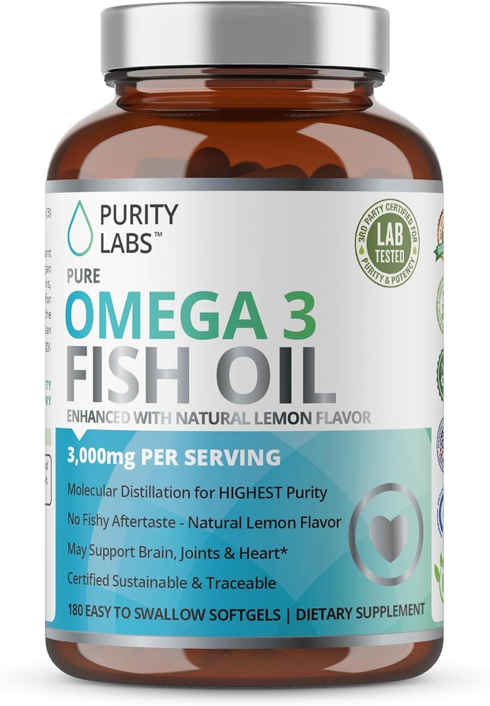 Purity Labs Omega 3 Fish Oil 3000mg – DHA & EPA Omega 3 Fatty Acid Supplements to Support Heart and Brain Health - Immune Support Supplement - 180 Softgels (60 Servings)