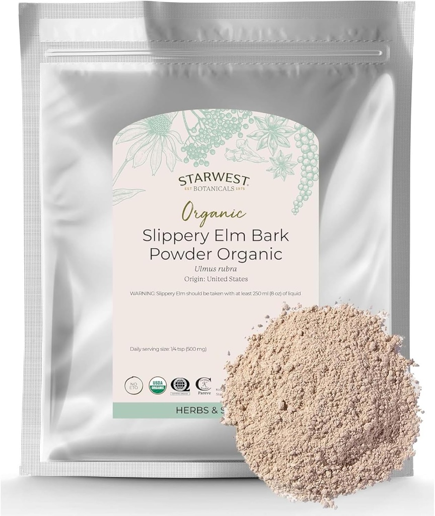Starwest Botanicals Organic Slippery Elm Bark Powder for Women &amp; Hombre - Herb tradicional para té &amp; Wellness, Disfrute con leche &amp; Sweetener, Certified Kosher, Non-GMO - Bulk 1 lb Bag