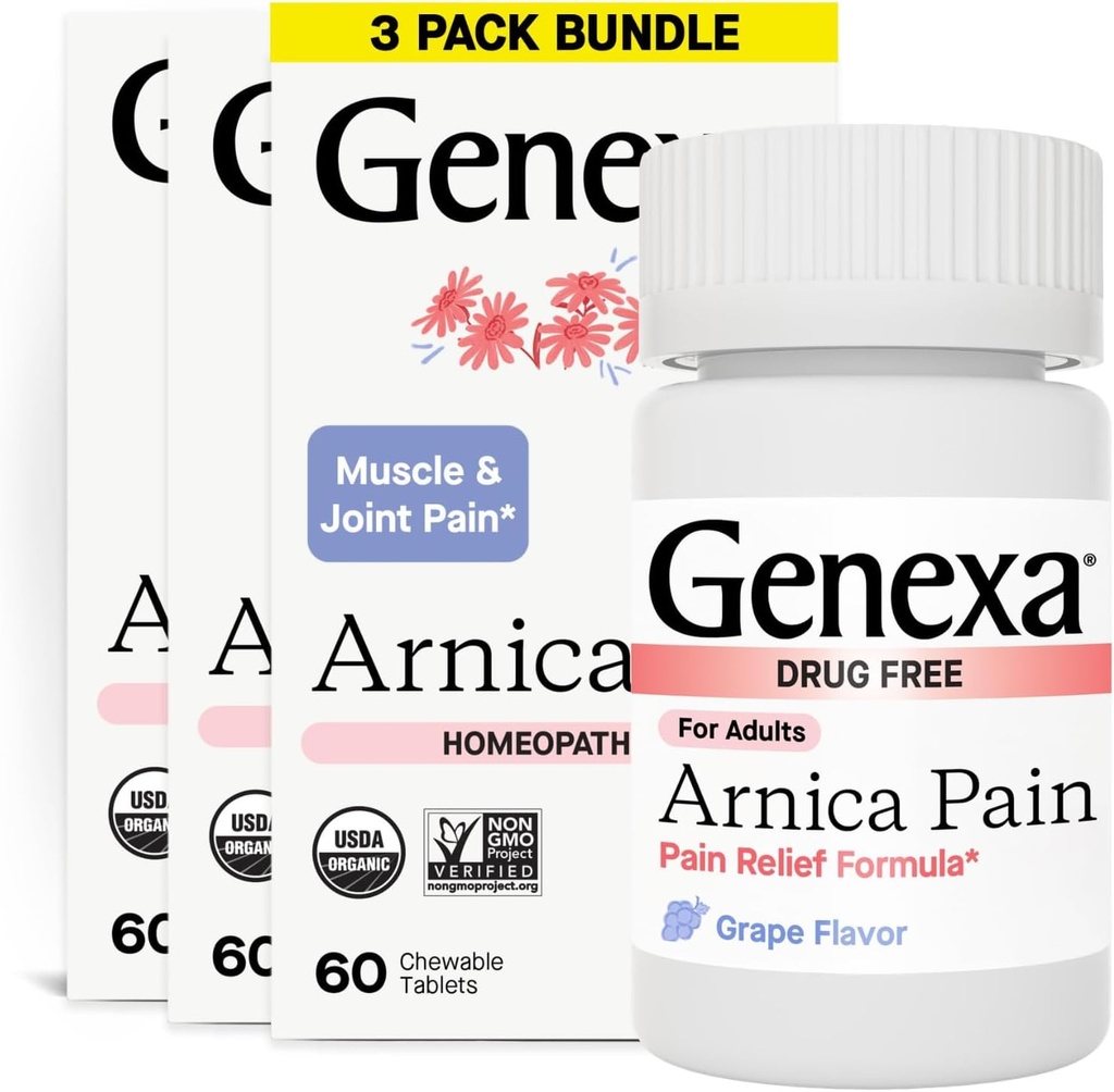 Genexa Arnica Tablets for Pain Relief Fórmula ¦ Alleviate Muscle & Joint Pain, Soreness, & Stiffness ← Delicious Organic Grape Flavor ← Homeopathic Remedy Made Clean TEN 300 Chewable Tablets (3 Pack)