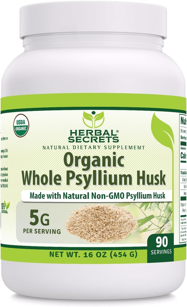 Herbal Secrets Whole Psyllium Husk Powder Supplement TEN 5 Grams per Serving Silencio Non-GMO ANTE Gluten-Free TEN Made in USA (16 Oz, 1 Pack)