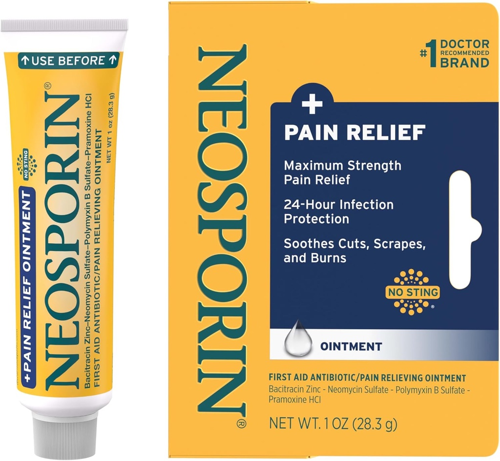 Neosporin + Antaño Máximo-Strength Triple Antibiótico con Alivio del Dolor, Cuidado de los primeros auxilios, Fórmula de No-Sting con Pramoxine HCl, Bacitracin Zinc, 1 oz Tube Individual