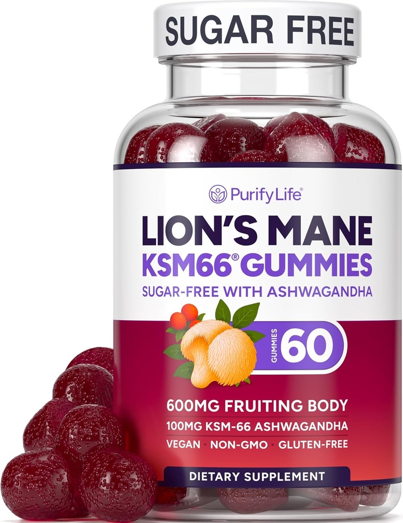 Sugar Free Lions Mane Suplemento Gummies con KSM-66 Ashwagandha - Suplemento Nootropic para Cognition, Brain Fog, Mental Clarity, Focus &amp; Stress Support - Natural Berry Flavor, Vegan, Made in USA