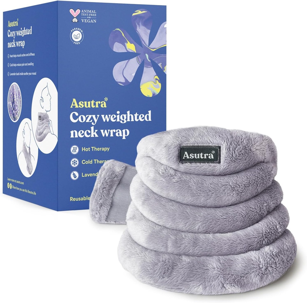 ASUTRA Tejido de cuello ASUTRA, Plush Gray - Soporte de calefacción Microondas sin manos para muelles y hombros, Compress caliente y frío, Aromaterapia de lavanda