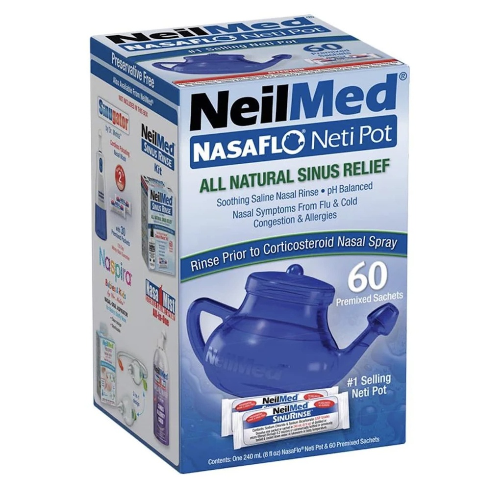 NeilMed NasaFlo Unbreakable Neti Pot with 60 Premixed Packets