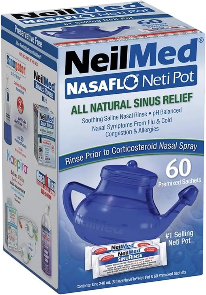 NeilMed NasaFlo Unbreakable Neti Pot with 60 Premixed Packets