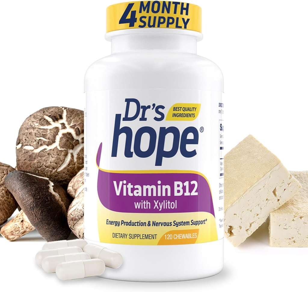 Vitamina B12 1000 Mcg, B12 Vitaminas 1000 Mcg Ayuda a aumentar el metabolismo, la producción de energía y el soporte del sistema nervioso, 120 Tablas Chewable - 1 Tablet Por Serving, No GMO & Gluten Free