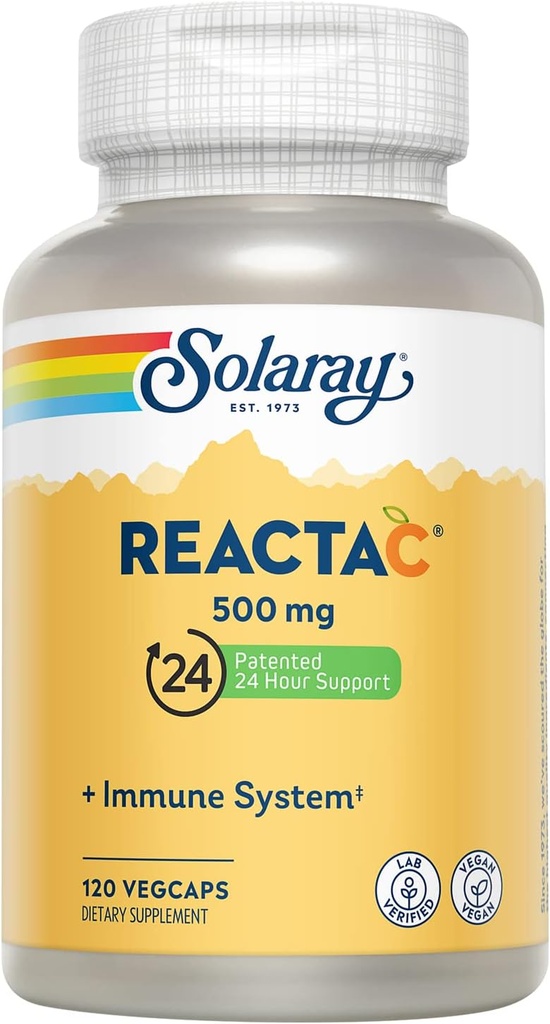 SOLARAY Reacta-C con 500mg Vitamina C, 200mg Concentrado Bioflavonoide, Immune System Defense Vitamins, Patented 24 Horas Immunity Booster Support Suplemento, Vegan, 120 cápsulas, 120 Servimientos.