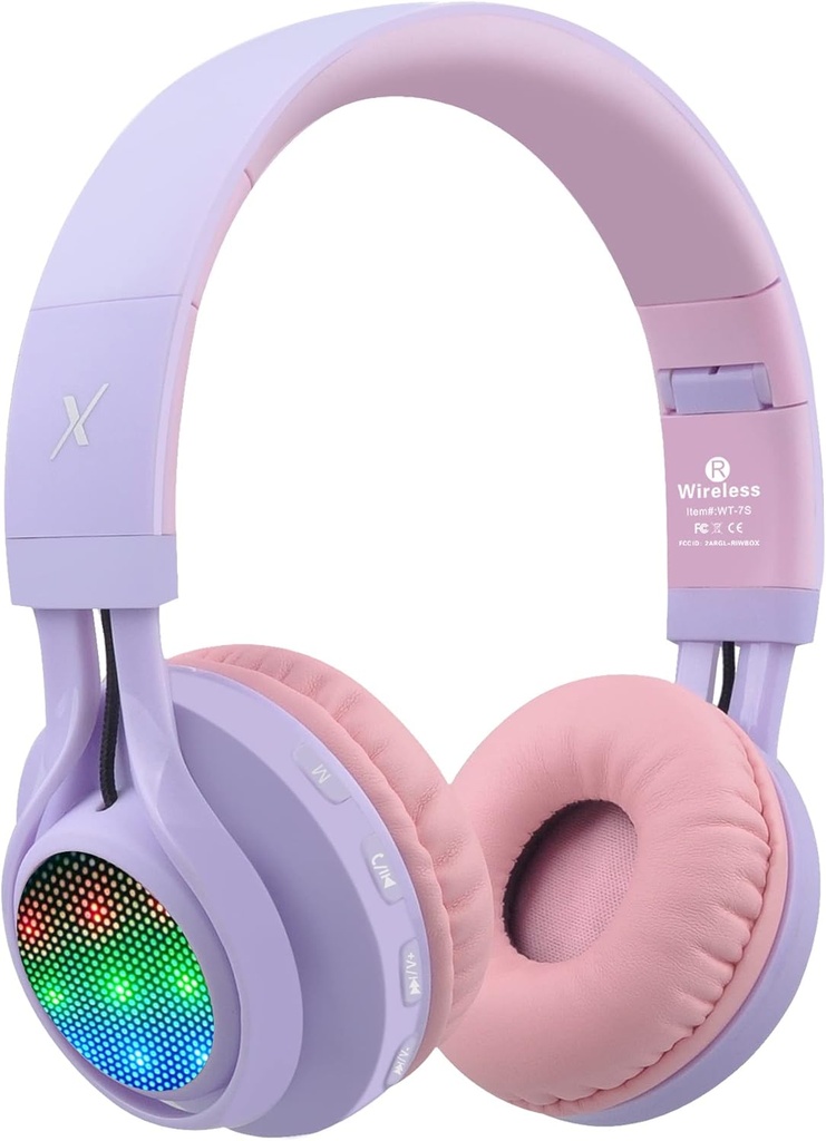 Riwbox WT-7S Kids Bluetooth Headphones Light Up, Foldable Stero Wireless Headset,with Microphone and Volume Control,Comfortable and Durable,for PC/Tablet/TV/Travel(Purple)