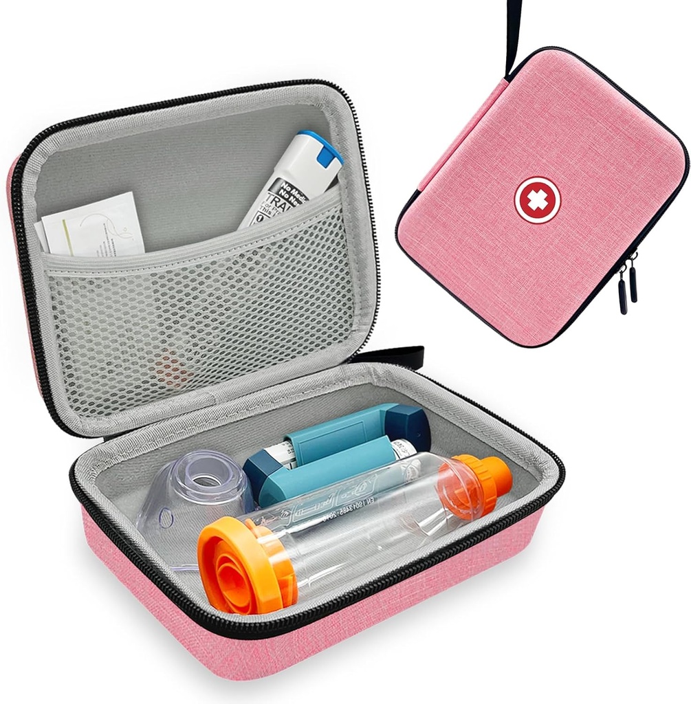 Hard Inhaler Spacer Case for Kids and Adults, Asthma Inhaler Case with Mesh Pocket for Medicine and Other Accessories, Pink (Bag Only)
