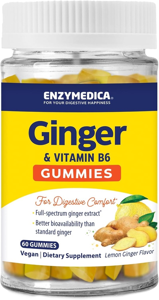 Enzymedica, Ginger &amp; Vitamina B6 Gummies, Support for Occasional Nausea " Indigestion, High Potency, Equivalent to 200 mg Ginger Extract, 60 Count