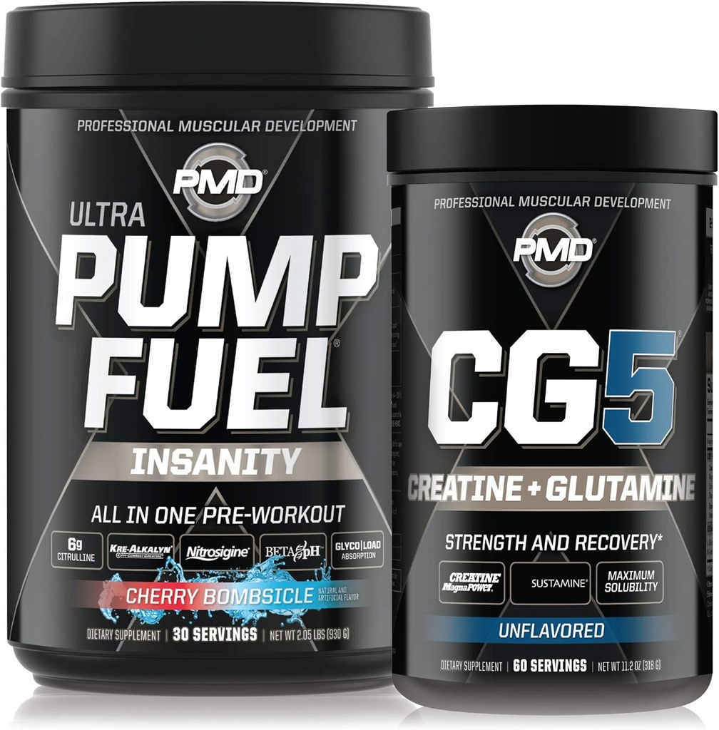 PMD Sports Ultra Pump Fuel Insanity - Pre Workout – Cherry Bombsicle (30 Servings) Sports CG5 Premium Creatine y L-Glutamine Powder (60 Servings)