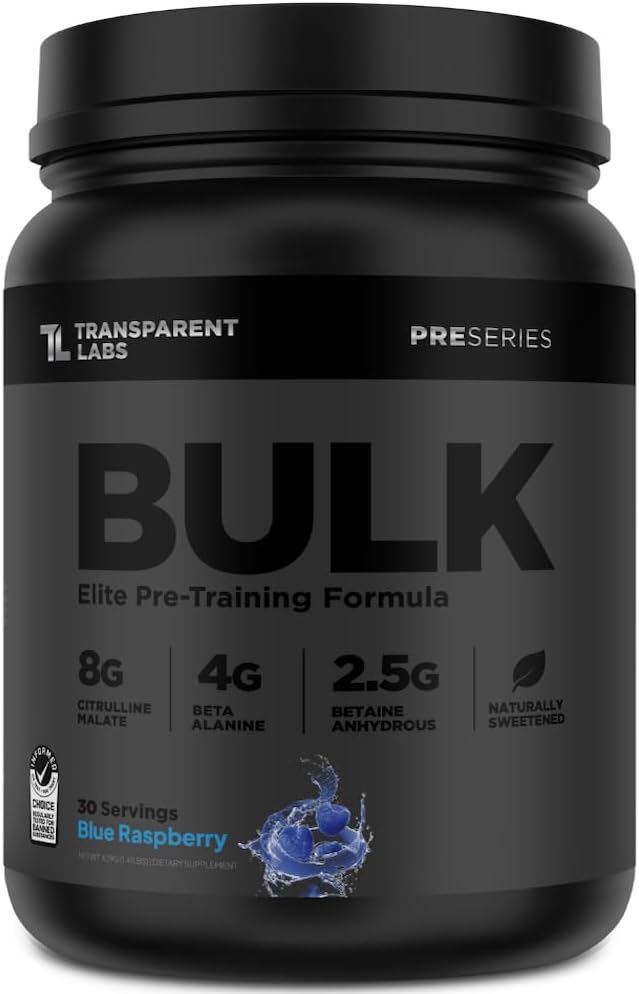 Transparent Labs Bulk Black Pre Workout - Clinically Dosed, Naturally Sweetened Preworkout for Men and Women with Beta Alanine Powder, Citrulline Malate, & Caffeine- 30 Servings, Blue Raspberry