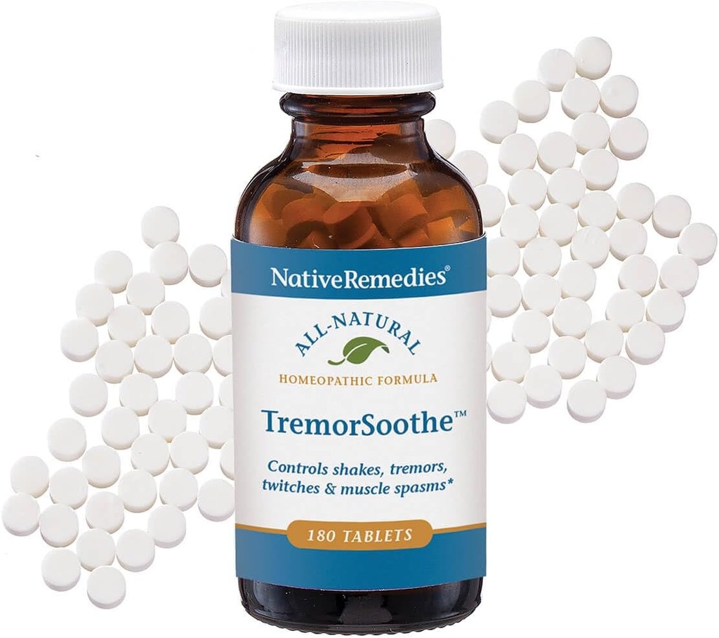 Remedios nativos TremorSoothe - Fórmula homeopática natural para controlar temporariamente sacudidas, temblores, espasmos musculares y muslos -180 Tabletas