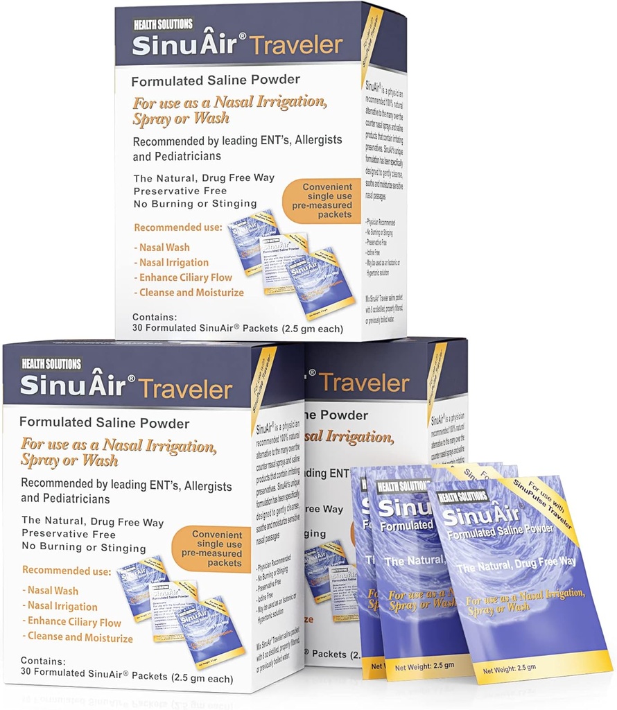 SinuAir 2.5 Gram Saline Packets - Sodium Chloride with Potassium & Calcium, Salt Solution Powder Refill Packs for Nasal Irrigation Machine, 90 Packets