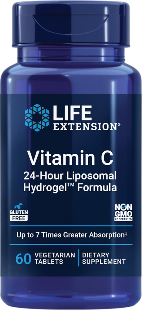 Extensión de vida Vitamina C 24-Hour Liposomal HydrogelTM Fórmula, absorbe mejor que la vitamina C estándar, hasta 24 horas, sacar el máximo provecho de su vitamina C, libre de gluten, no GMO, vegetariano, 60 tabletas